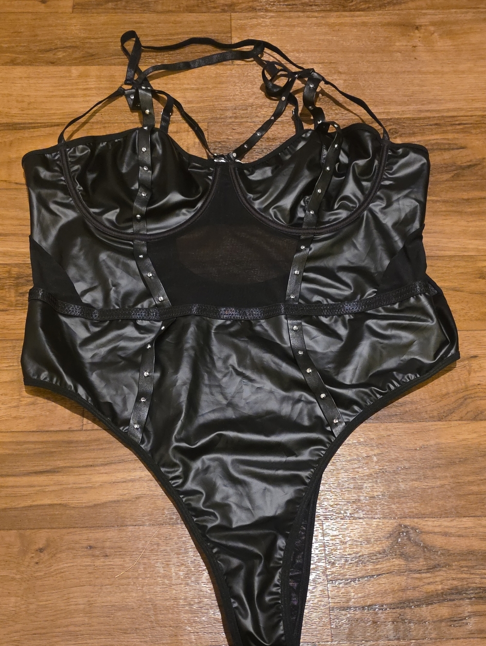 SHEIN Black Satin Studded Strappy Bodysuit